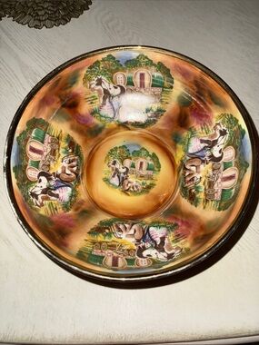 Decorative Caravan & Horses Glass Bowl — Amber with Multicolor Scene